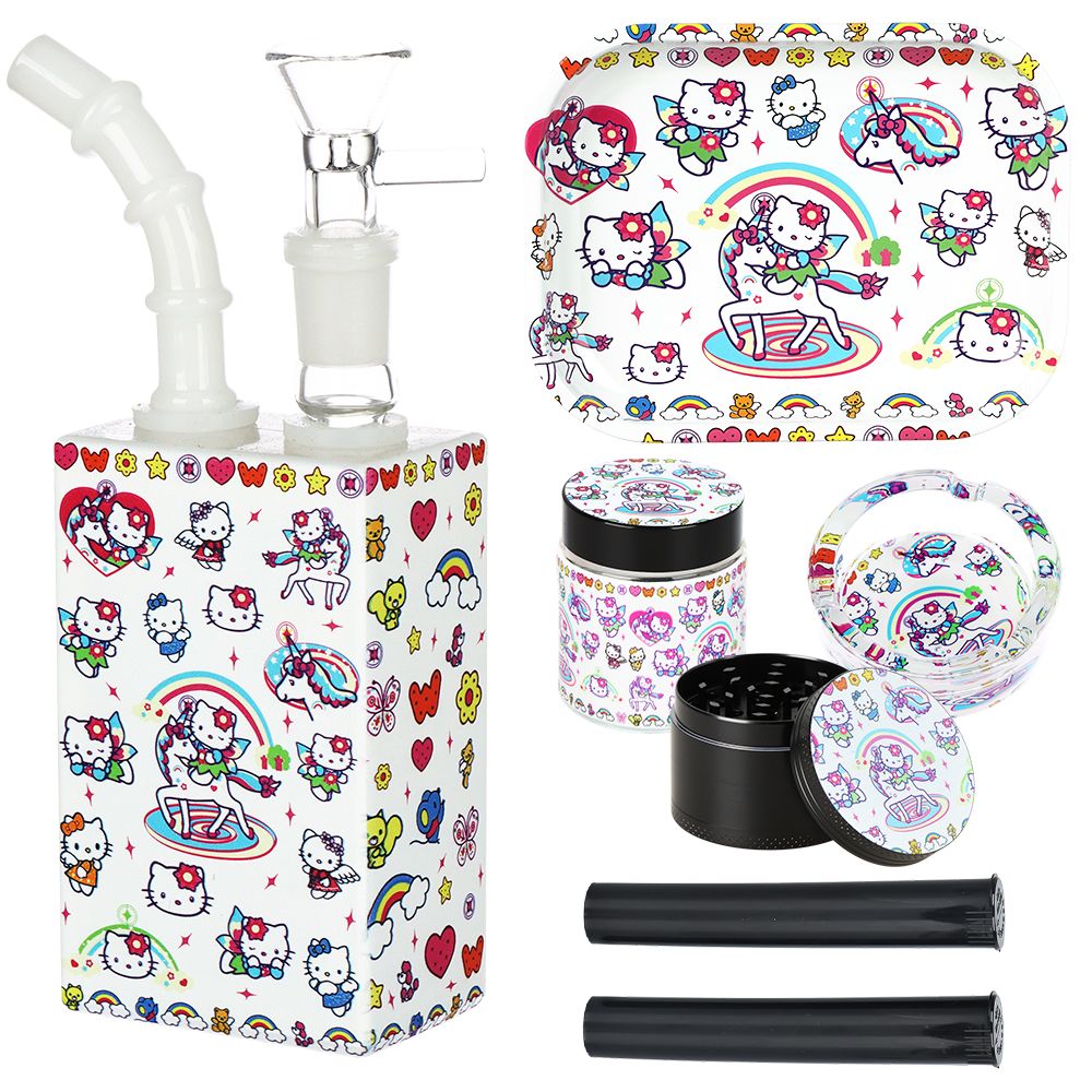 Hello Kitty Juicebox Glass Water Pipe Smoker's Travel Kit - 7" / 14mm F / Unicorn Kitty