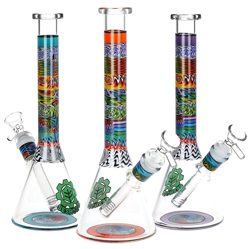 SeshGear Tehchnicolor Zig Wag Beaker Glass Water Pipe - 10" / 14mm F / Colors Vary