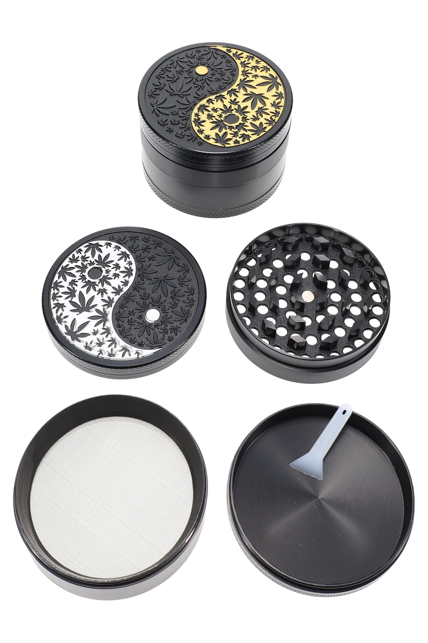Molinillo de hierbas metálico de 4 piezas con forma de hoja Yin Yang “Zen Spinner” – 2¼″